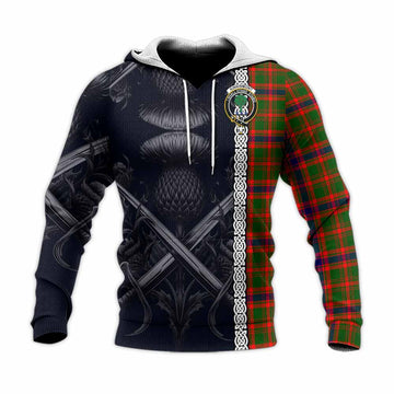 Kinninmont Tartan Knitted Hoodie with Family Crest Cross Sword Thistle Celtic Vibes Unisex Knitted Pullover Hoodie - Tartan Vibes Clothing
