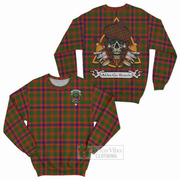 Kinninmont Tartan Sweatshirt with Family Crest and Bearded Skull Holding Bottles of Whiskey Unisex - Tartan Vibes Clothing