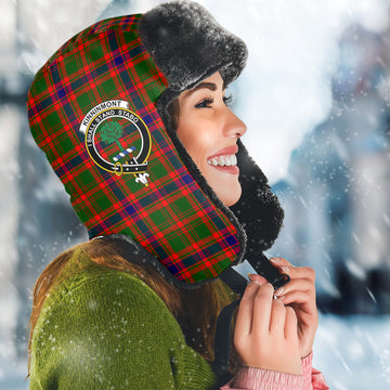 Kinninmont Tartan Winter Trapper Hat with Family Crest Winter Trapper Hat Universal Fit Circumference 22.8in (58cm) - Tartan Vibes Clothing