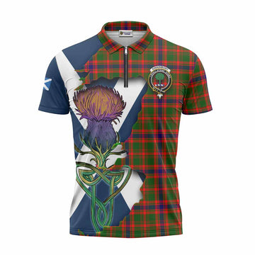 Kinninmont Tartan Family Crest Zipper Polo Shirt Scottish Thistle Celtic Inspired Unisex - Tartan Vibes Clothing