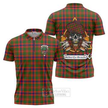 Kinninmont Tartan Zipper Polo Shirt with Family Crest and Bearded Skull Holding Bottles of Whiskey Unisex - Tartan Vibes Clothing