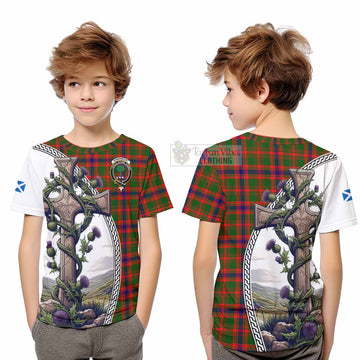 Kinninmont Tartan Kid T-Shirt with Family Crest and St. Andrew's Cross Accented by Thistle Vines Youth XL Size14 - Tartan Vibes Clothing