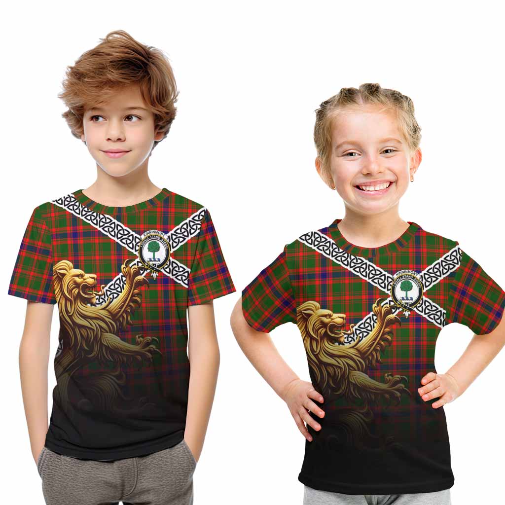 Kinninmont Crest Tartan Kid T-Shirt with Golden Lion Emblem Celtic Style Youth XL Size14 - Tartan Vibes Clothing