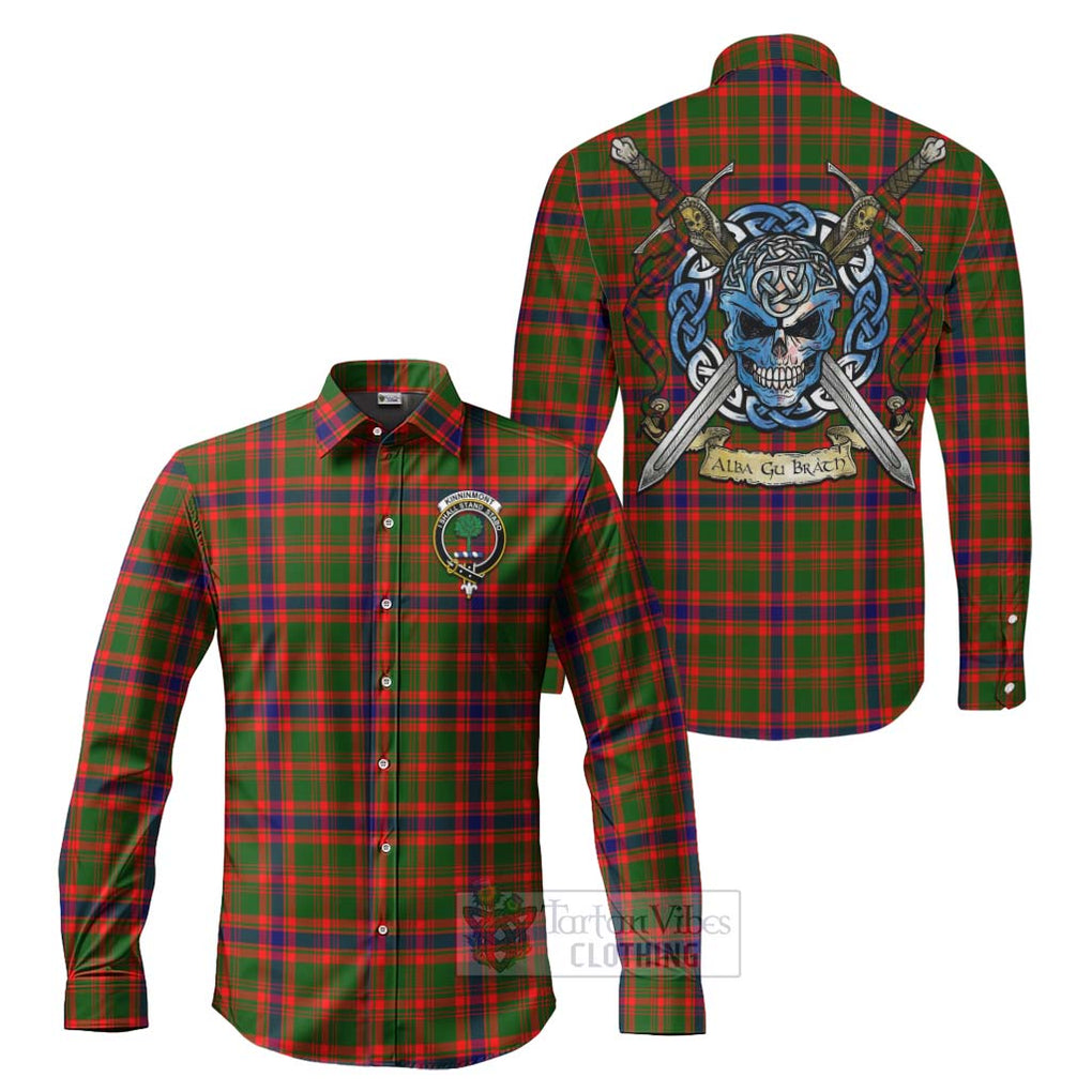 Kinninmont Tartan Long Sleeve Button Shirt with Family Crest Celtic Skull Style Men's Shirt S - Tartan Vibes Clothing