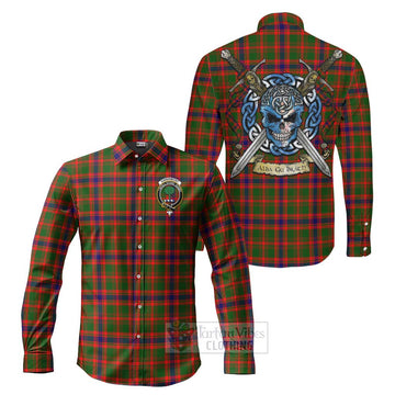 Kinninmont Tartan Long Sleeve Button Shirt with Family Crest Celtic Skull Style Men's Shirt S - Tartan Vibes Clothing
