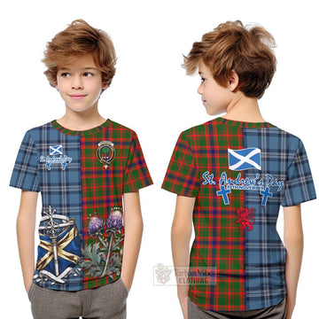 Kinninmont Tartan Kid T-Shirt Happy St. Andrew's Day Half Tartan Style Youth XL Size14 - Tartan Vibes Clothing