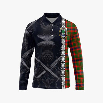 Kinninmont Tartan Long Sleeve Polo Shirt with Family Crest Cross Sword Thistle Celtic Vibes Unisex - Tartan Vibes Clothing