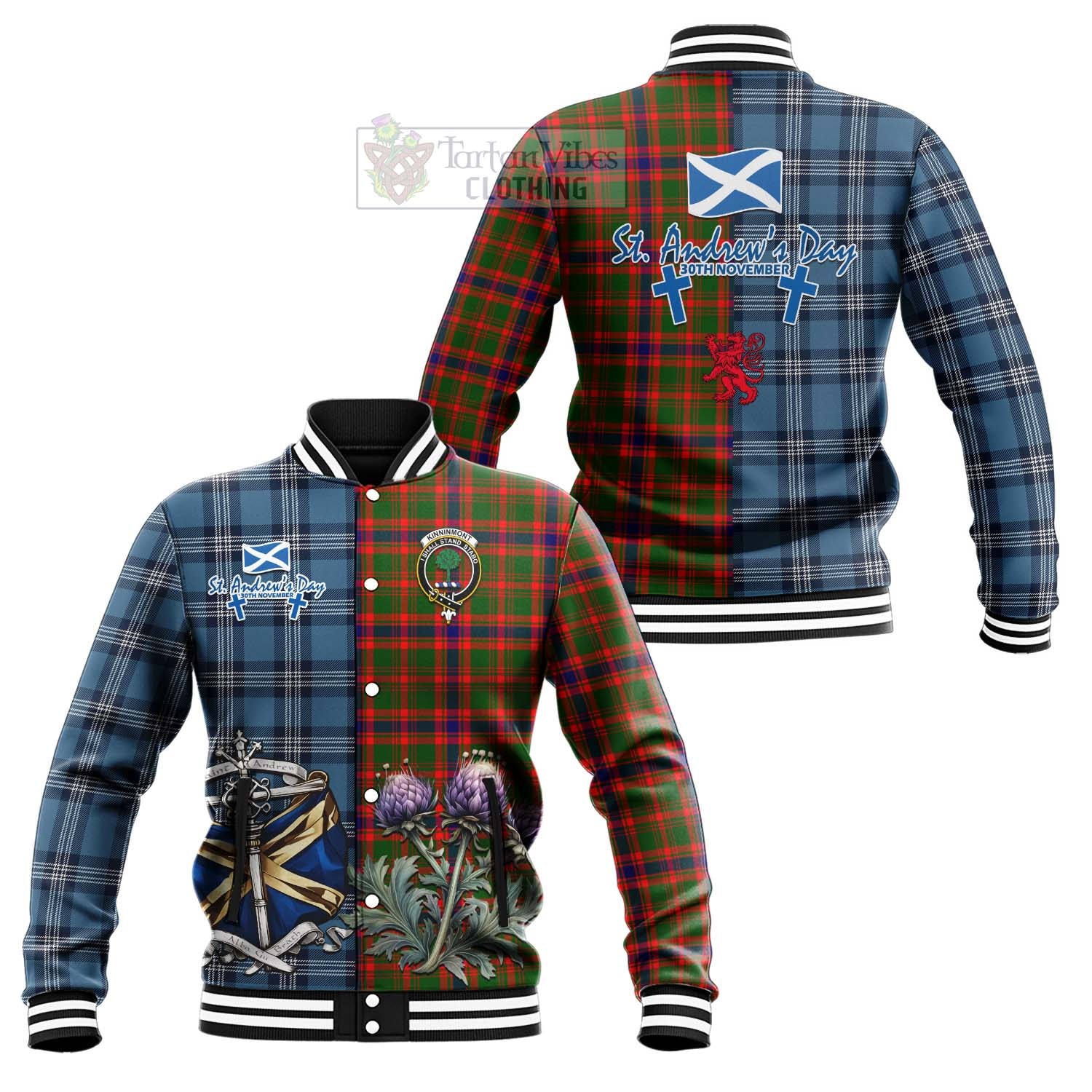 Kinninmont Tartan Baseball Jacket Happy St. Andrew's Day Half Tartan Style Unisex - Tartan Vibes Clothing