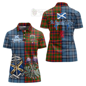 Kinninmont Tartan Women's Polo Shirt Happy St. Andrew's Day Half Tartan Style Women - Tartan Vibes Clothing