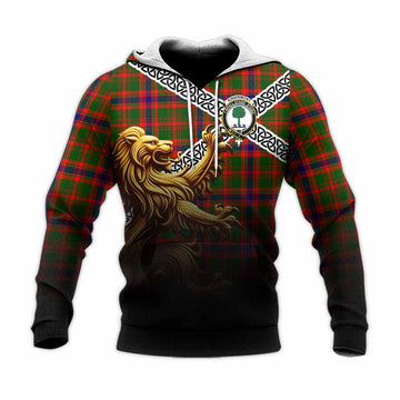 Tartan Vibes Clothing Kinninmont Crest Tartan Knitted Hoodie with Golden Lion Emblem Celtic Style
