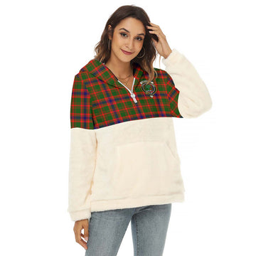 Kinninmont Tartan Half Style Women's Borg Fleece Hoodie with Half Zip with Family Crest Female - Tartan Vibes Clothing