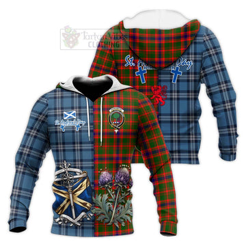 Kinninmont Tartan Knitted Hoodie Happy St. Andrew's Day Half Tartan Style Unisex Knitted Pullover Hoodie - Tartan Vibes Clothing
