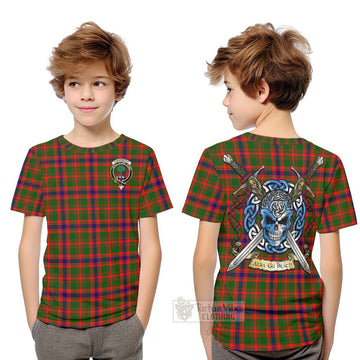 Kinninmont Tartan Kid T-Shirt with Family Crest Celtic Skull Style Youth XL Size14 - Tartan Vibes Clothing
