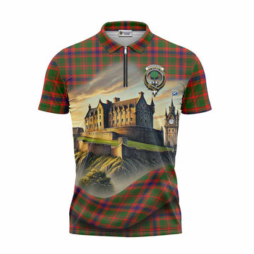 Kinninmont Tartan Family Crest Zipper Polo Shirt with Scottish Ancient Castle Style Unisex - Tartan Vibes Clothing