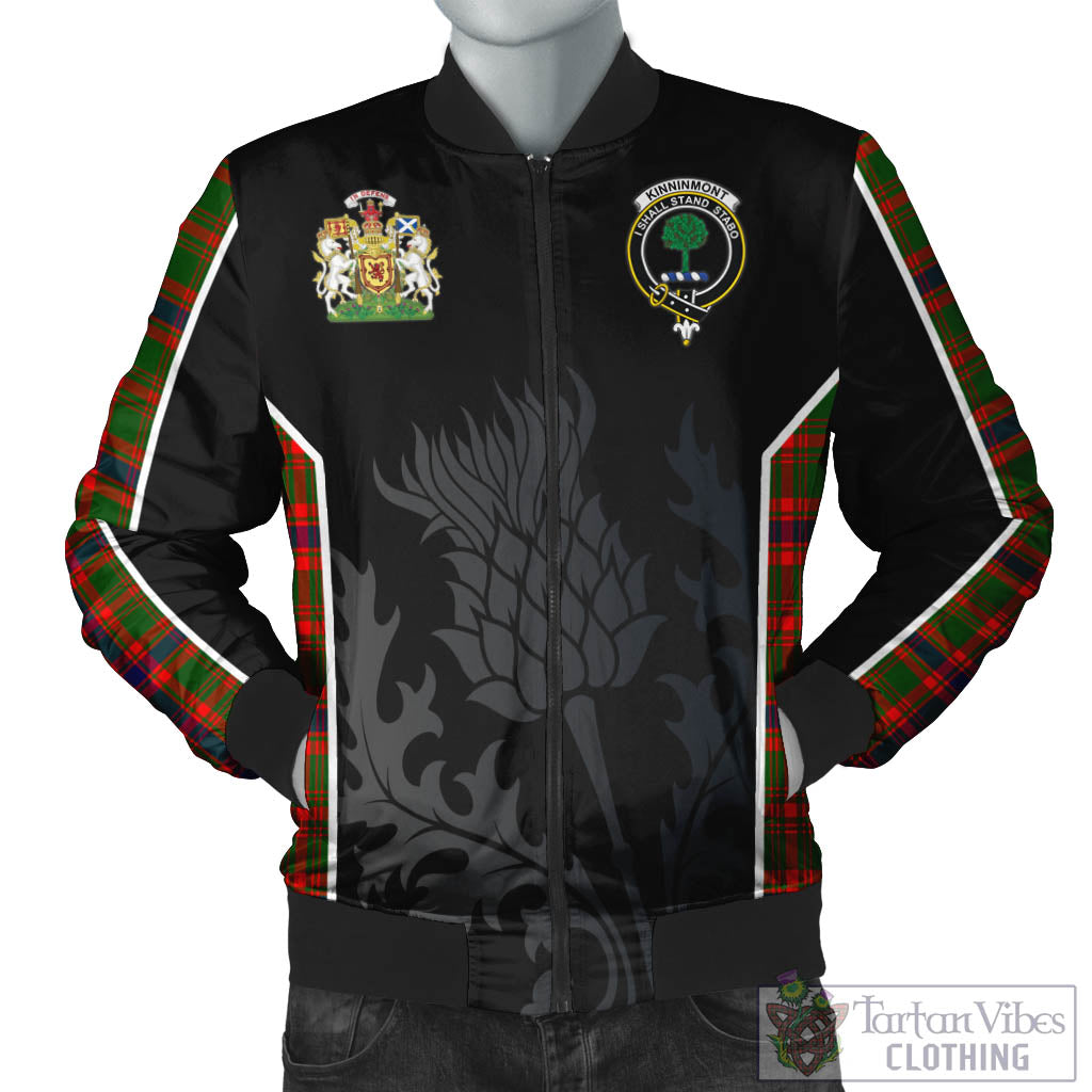 Kinninmont Tartan Bomber Jacket with Family Crest and Scottish Thistle Vibes Sport Style Unisex Black - Tartan Vibes Clothing