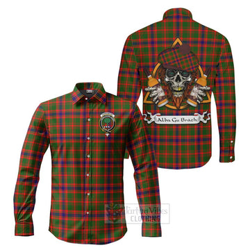 Kinninmont Tartan Long Sleeve Button Shirt with Family Crest and Bearded Skull Holding Bottles of Whiskey Men's Shirt S - Tartan Vibes Clothing