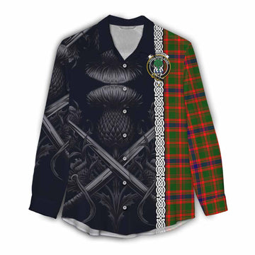 Kinninmont Tartan Women's Casual Shirt with Family Crest Cross Sword Thistle Celtic Vibes Female - Tartan Vibes Clothing