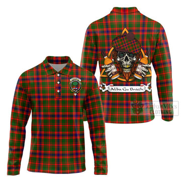 Kinninmont Tartan Long Sleeve Polo Shirt with Family Crest and Bearded Skull Holding Bottles of Whiskey Unisex - Tartan Vibes Clothing