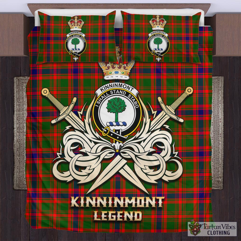 Tartan Vibes Clothing Kinninmont Tartan Bedding Set with Clan Crest and the Golden Sword of Courageous Legacy