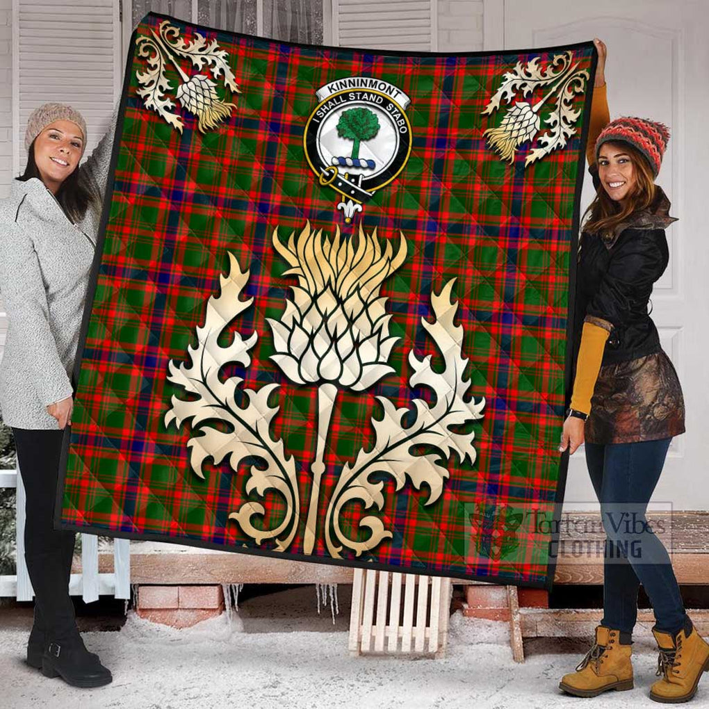 Kinninmont Tartan Quilt with Family Crest and Golden Thistle Style Super King Quilt 91" x 110" - Tartan Vibes Clothing