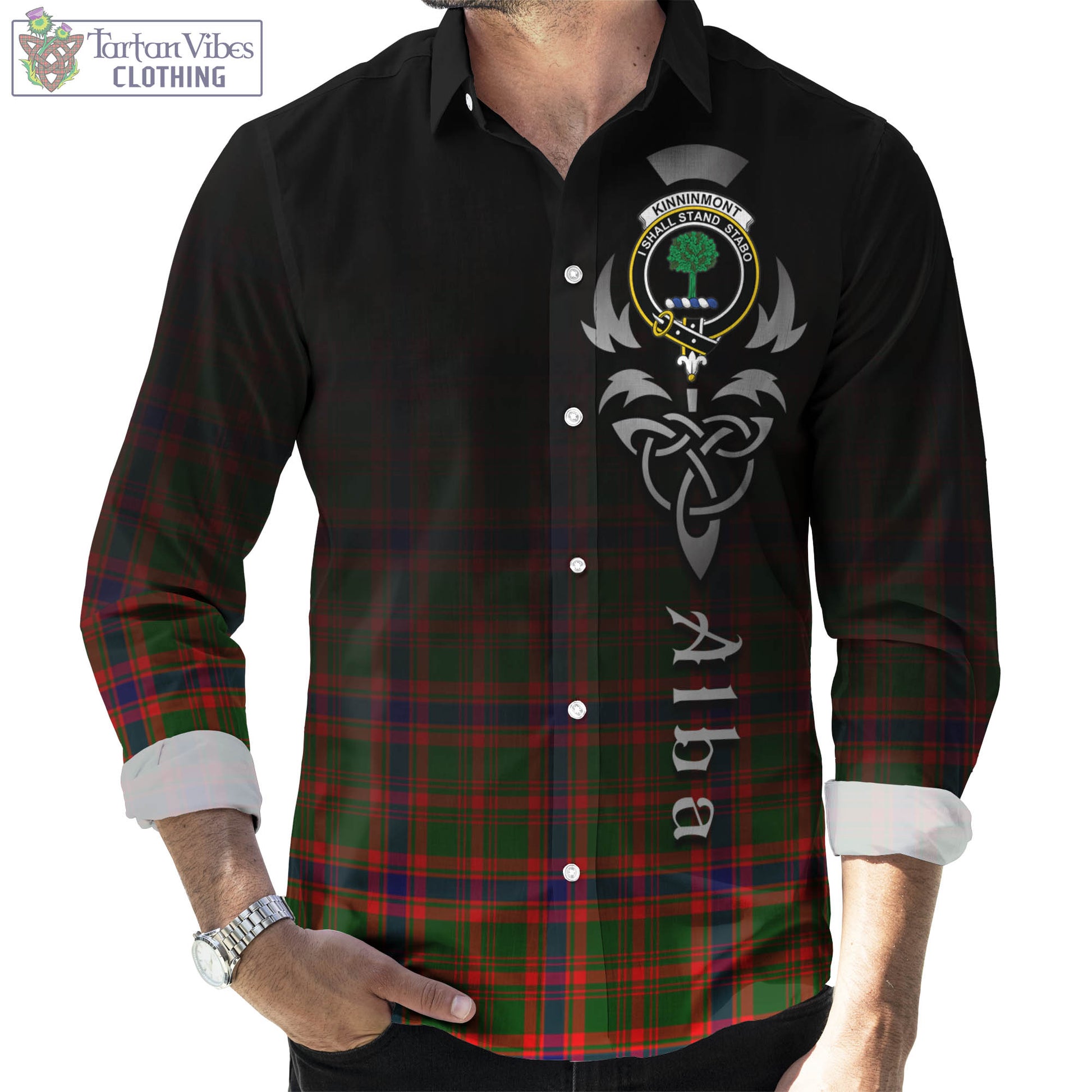 Kinninmont Tartan Long Sleeve Button Up Featuring Alba Gu Brath Family Crest Celtic Inspired Men's Shirt - Tartan Vibes Clothing