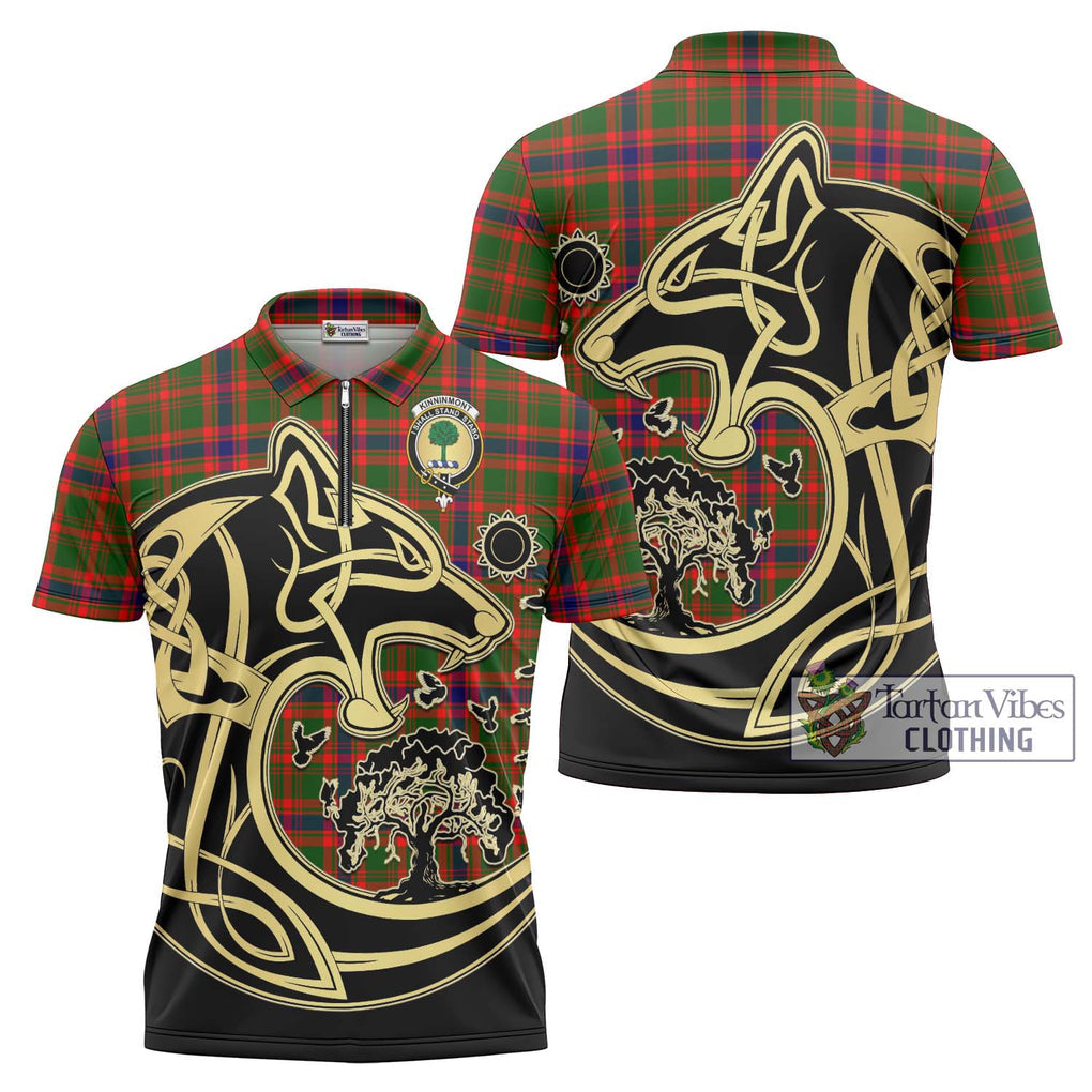 Kinninmont Tartan Zipper Polo Shirt with Family Crest Celtic Wolf Style Unisex - Tartan Vibes Clothing