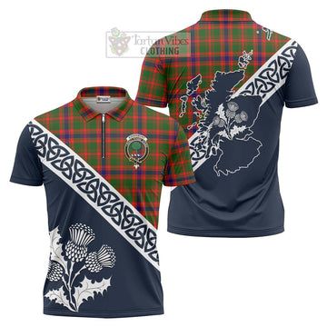 Kinninmont Tartan Zipper Polo Shirt Featuring Thistle and Scotland Map Unisex - Tartanvibesclothing Store