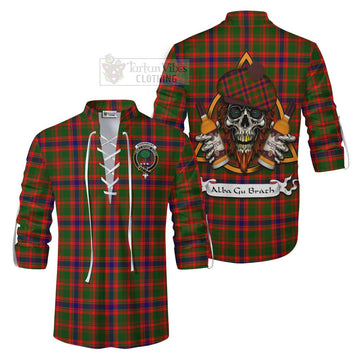 Kinninmont Tartan Ghillie Kilt Shirt with Family Crest and Bearded Skull Holding Bottles of Whiskey Men - Tartan Vibes Clothing