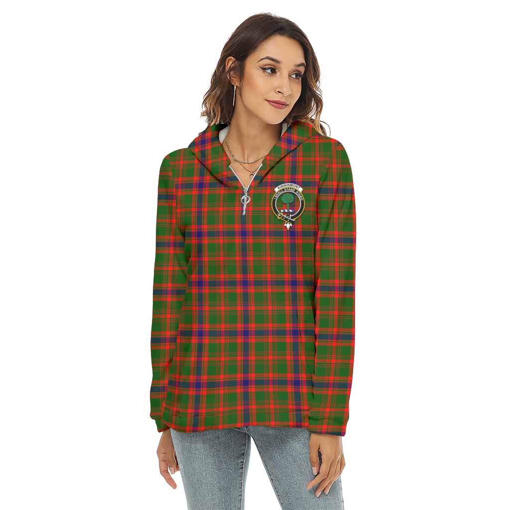 Kinninmont Tartan Women's Borg Fleece Hoodie with Half Zip with Family Crest Female - Tartan Vibes Clothing