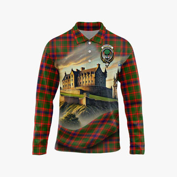 Kinninmont Tartan Family Crest Long Sleeve Polo Shirt with Scottish Ancient Castle Style Unisex - Tartan Vibes Clothing