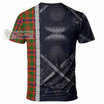 Kinninmont Tartan T-Shirt with Family Crest Cross Sword Thistle Celtic Vibes - Tartan Vibes Clothing