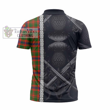 Kinninmont Tartan Zipper Polo Shirt with Family Crest Cross Sword Thistle Celtic Vibes - Tartan Vibes Clothing