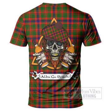Kinninmont Tartan T-Shirt with Family Crest and Bearded Skull Holding Bottles of Whiskey - Tartan Vibes Clothing
