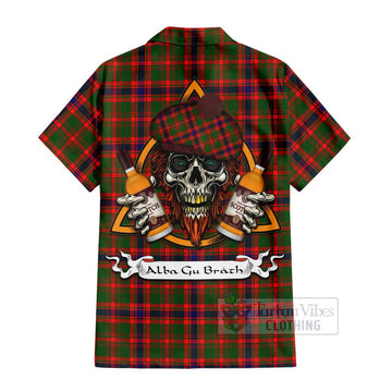Kinninmont Tartan Hawaiian Shirt with Family Crest and Bearded Skull Holding Bottles of Whiskey - Tartan Vibes Clothing