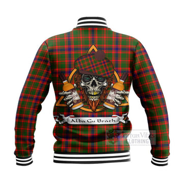 Kinninmont Tartan Baseball Jacket with Family Crest and Bearded Skull Holding Bottles of Whiskey - Tartan Vibes Clothing