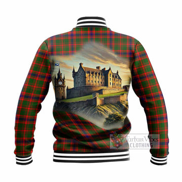 Kinninmont Tartan Family Crest Baseball Jacket with Scottish Ancient Castle Style - Tartan Vibes Clothing