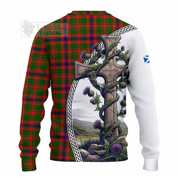 Kinninmont Tartan Knitted Sweater with Family Crest and St. Andrew's Cross Accented by Thistle Vines - Tartan Vibes Clothing