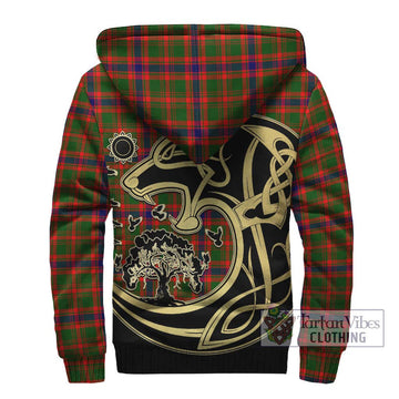 Kinninmont Tartan Sherpa Hoodie with Family Crest Celtic Wolf Style - Tartan Vibes Clothing