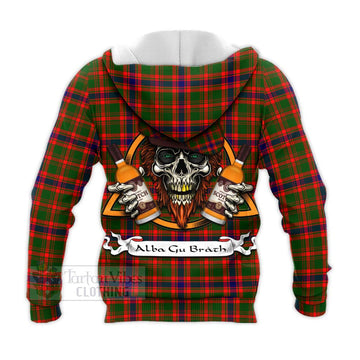 Kinninmont Tartan Knitted Hoodie with Family Crest and Bearded Skull Holding Bottles of Whiskey - Tartan Vibes Clothing