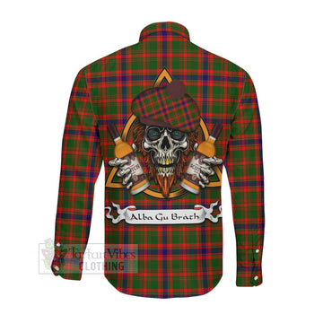 Kinninmont Tartan Long Sleeve Button Shirt with Family Crest and Bearded Skull Holding Bottles of Whiskey Men's Shirt - Tartan Vibes Clothing