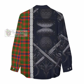 Kinninmont Tartan Women's Casual Shirt with Family Crest Cross Sword Thistle Celtic Vibes - Tartan Vibes Clothing