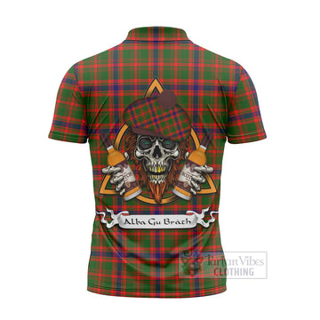Kinninmont Tartan Zipper Polo Shirt with Family Crest and Bearded Skull Holding Bottles of Whiskey - Tartan Vibes Clothing