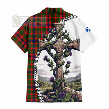 Kinninmont Tartan Hawaiian Shirt with Family Crest and St. Andrew's Cross Accented by Thistle Vines - Tartan Vibes Clothing