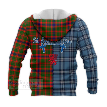 Kinninmont Tartan Knitted Hoodie Happy St. Andrew's Day Half Tartan Style - Tartan Vibes Clothing