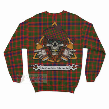 Kinninmont Tartan Sweatshirt with Family Crest and Bearded Skull Holding Bottles of Whiskey - Tartan Vibes Clothing