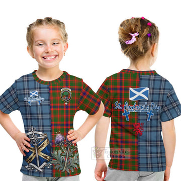 Kinninmont Tartan Kid T-Shirt Happy St. Andrew's Day Half Tartan Style - Tartan Vibes Clothing