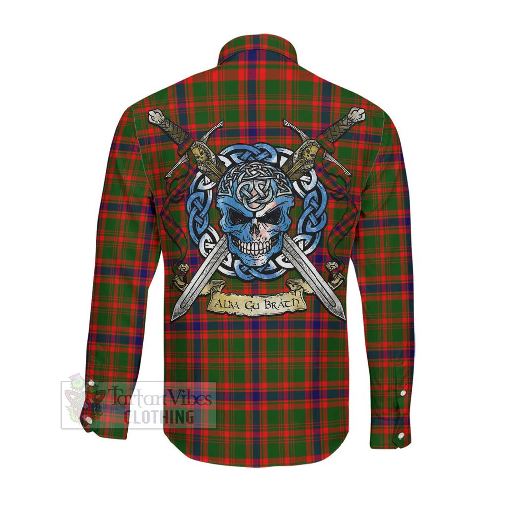 Kinninmont Tartan Long Sleeve Button Shirt with Family Crest Celtic Skull Style Men's Shirt - Tartan Vibes Clothing