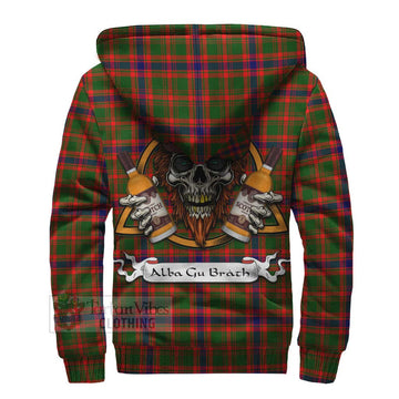 Kinninmont Tartan Sherpa Hoodie with Family Crest and Bearded Skull Holding Bottles of Whiskey - Tartan Vibes Clothing