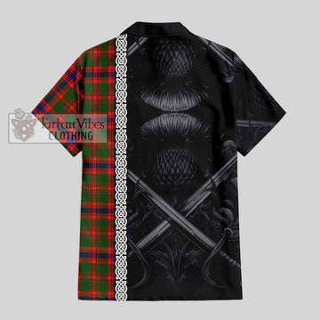 Kinninmont Tartan Hawaiian Shirt with Family Crest Cross Sword Thistle Celtic Vibes - Tartan Vibes Clothing