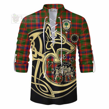 Kinninmont Tartan Ghillie Kilt Shirt with Family Crest Celtic Wolf Style - Tartan Vibes Clothing